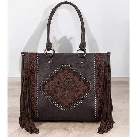 Montana West Tool Fringe Wide Tote - Coffee *NEW in Package* - Picture 2 of 5